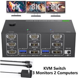 Hitoor KVM Switch 3 Monitors 2 Computers 8K@60Hz 4K@144Hz, USB 3.0 Triple Monitor KVM Switch with 4 USB 3.0 Ports, 2*Displayport+1*HDMI in, 3*HDMI Out, with Wired Remote,Power Adapter & USB3.0 Cables