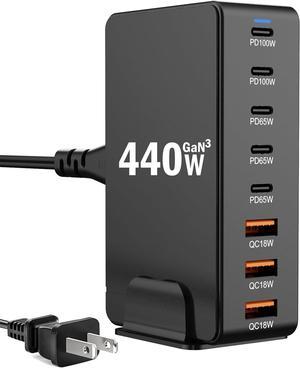 Hitoor 8 Ports USB Charging Station for Multiple Device 440W, GAN3 USB C Charger Block, Dual PD 100W Laptop Charger Hub 8 Ports USB Charger Block Compatible with MacBook Pro/Air i-Phone/Galaxy