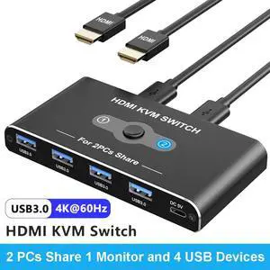 Hitoor 2 Port HDMI KVM Switch 4K@60Hz, 2 in 1 Out HDMI USB KVM Switches with 4 USB 3.0 Ports, KVM Switch 2 PCs 1 Monitor Share Mouse, Keyboard, Printer, Include 2 HD-MI cables, 2 USB-A & 1 USB-C Cable