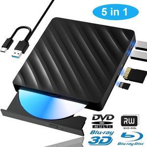 Hitoor [5 in 1] External Blu Ray Drive, USB 3.0 Type-C Portable Blu-Ray Player, CD DVD Burner 3D Blu Ray with 2 USB 3.0 Ports & SD/TF Port, Blu Ray Drive Compatible with Windows Linux Mac OS Laptop PC