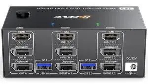 Hitoor Triple Monitor KVM Switch 3 Monitors 2 Computers 8K@60Hz 4K@144Hz, HDMI + 2 Displayport KVM Switch Triple Monitor for 2 Computer Share 3 Monitors and 4 USB3.0 Device,with Wired Remote,USB Cable