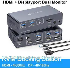 Hitoor KVM Switch 2 Monitors 2 Computers USB C Docking Station with 4K60Hz HDMI and 4K120Hz DP KVM Switch Dual Monitor 10Gbps USB C+USB A 3.2 5Gbps USB 3.0 and SD/microSD Card Slots for Laptop&Desktop