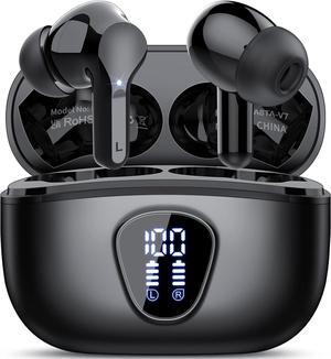 Hitoor Wireless Earbuds, Bluetooth 5.3 Headphones HiFi Stereo, Bluetooth Earbuds with ENC Noise Cancelling Mic, IP7 Waterproof in Ear Earphones, 48H, LED Display Ear buds for Pad Workout Sports, Black