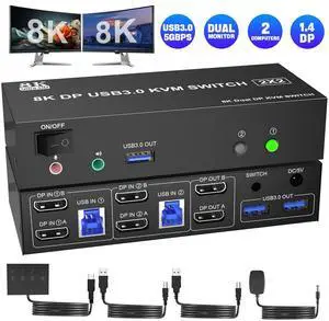 Hitoor 8K USB3.0 DisplayPort KVM Switch 2 Computers 2 Monitors 8K@60Hz 4K@144Hz, Dual Monitor Displayport KVM Switches with Audio Microphone Output and 3 USB 3.0 Ports, with Desktop Controller