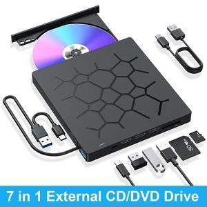 Hitoor External CD/DVD Drive for Laptop, 7 IN 1 USB 3.0 Type C Portable DVD Player, CD ROM Burner Writer, External Disk Drive, Optical Drive Compatible with Laptop, PC, MacBook, Windows, Mac, Linux OS