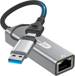 Hitoor USB C to Ethernet Adapter 5Gbps, 2-in-1 USB to 5Gbps Ethernet Cable, 5000Mbps Type C to RJ45 Network LAN Internet Converter, Aluminum Case Compatible for i-Phone 16 15 Pro Max, MacBook Pro/Air