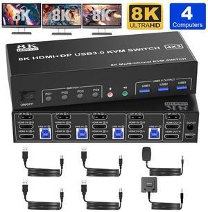 Hitoor KVM Switch 3 Monitors 4 Computers 8K@60Hz 4K@144Hz, 2 HDMI + 1 DisplayPort KVM Switch Triple Monitor for 4 Computer with Audio and 3 USB 3.0 Ports, KVM Triple Monitor Keyboard Mouse Switcher