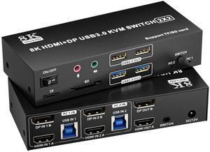 Hitoor HDMI Displayport KVM Switch 2 Monitors 2 Computers 8K@60Hz,Dual Monitor Switch for 2 Computers, Support Extended/Mirror Mode SD/TF Card, 4 USB 3.0 Port for Keyboard Mouse,Desktop Controller