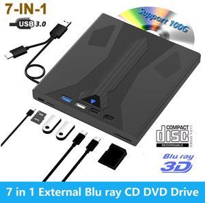 Hitoor [7 in 1] External Blu Ray Drive, Support 100G Disc USB 3.0 and Type-C Blu Ray Burner Portable Blu Ray DVD/CD/BD Player, 3D Optical Bluray DVD Drive Compatible with Laptop Desktop Windows MacOS