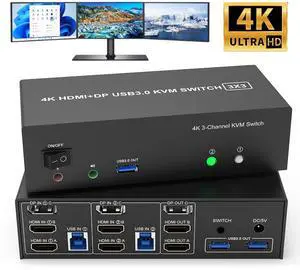 Hitoor KVM Switch 3 Monitors 2 Computers 4K@60Hz, 2 HDMI + Displayport KVM Switch Triple Monitor for 2 Computer Share 3 Monitor, Audio Mic Port and 3 USB3.0 Devices, Wired Remote & DC 5V Power Adapter