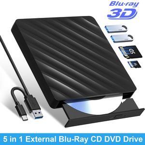 Hitoor 5 in 1 External Bluray Drive, USB 3.0 Type-C Slim Optical External Blu-ray DVD Burner with SD/TF Card Reader 2 USB 3.0 Hubs Compatible with Windows XP/7/8/10 MacOS MacBook Laptop and Desktop PC