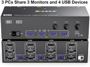 Hitoor KVM Switch 3 Monitors 3 Computers 8K@60Hz, HDMI + 2* Displayport Triple Monitor KVM Switch,3 Monitor KVM with 4 USB 3.0 Ports for Keyboard Mouse Printer, Wired Remote and Power Adapter Included