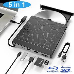 Hitoor 5-in-1 External Blu-ray Drive for Laptops, USB 3.0 & Type-C BD Reader, DVD/CD Burner with Dual USB-A Ports, SD/TF Slots  Portable Blu-ray  Player for Laptop PC, Windows/Linux/Mac OS Compatible
