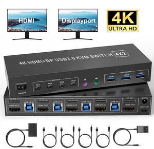 Hitoor 4K KVM Switch 2 Monitors 4 Computers, Dual Monitor HDMI + Displayport USB 3.0 KVM Switches 4K@60Hz, Support Extended/Mirror Mode Share 3 USB 3.0 Ports with Desktop Controller, Adapter Included