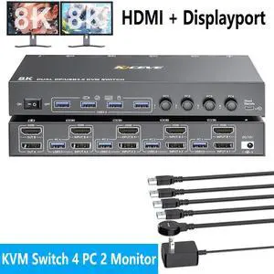 Hitoor KVM Switch 2 Monitors 4 Computers, USB 3.0 DisplayPort + HDMI Dual Monitor KVM Switch, Supports 8K@30Hz, 4K144Hz for 4 Computers that Share 2 Monitors and 4 USB 3.0 Device, with Wired Remote