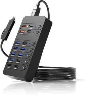 Hitoor Powered USB Hub,14 Ports USB Data Hub Splitter with 6 USB 3.0 Port,4 Charging Port,1 USB-C 3.0 Data Port,1 PD 60W Charging Port w LED Individual On/Off Switches for MacBook, Mac Pro, Laptop/PC