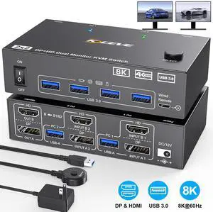 Hitoor 8K Dual Monitor KVM Switch Supports 8K@60Hz/4K@144Hz DisplayPort & HDMI KVM Switches for 2 Computers Share 2 Monitors, USB 3.0 Hub with 4 Ports, Includes 1.5M Remote Control & 12V Power Supply