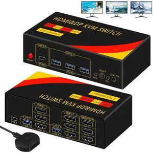 Hitoor 2*Displayport + 1*HDMI KVM Switches 3 Monitors 2 Computers, 8K@60HZ Triple Monitor KVM Switch for 2 PC share 3 Monitors and 4 USB Devices, Support Extended and Copy Mode, with Wired Remote