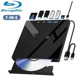 Hitoor 7 in 1 External Blu Ray Drive, USB 3.0 & Type C External Blueray/DVD Drive for PC with SD/TF Port Blu Ray Burner, Support 100G Disc External Blu Ray Drive for Windows Linux MacOS Laptop Desktop