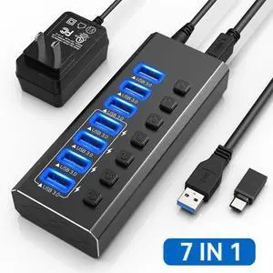 Hitoor Powered USB Hub 3.0, 7-Port USB 3.0 Hub [Durable Aluminum] 7 Data Transfer Ports+ 4 Smart Charging Ports with Individual On/Off Switches, USB Hub 3.0 Powered with Power Adapter for Laptop PC