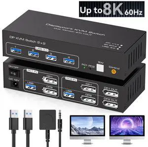 Hitoor 8K@60Hz/4K@120Hz Displayport KVM Switch 2 PC 2 Monitors, USB 3.0 DP 1.4 KVM Switch for 2 Computers Share Dual Monitor and 4 USB Devices Supports Extended Mode and Copy Mode, with Wired Remote