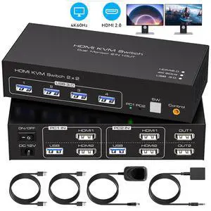 Hitoor 2 Ports HDMI KVM Switch 2 Monitor 2 Computers, 4K@60Hz HDMI USB KVM Switches Share Dual Monitors and 4 USB 3.0 Devices Support Extended/Copy Mode with 2 USB Cables and Wired Controller