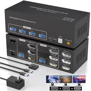 Hitoor 8K@60Hz HDMI+ 2 Displayport KVM Switch 3 Monitors 2 Computers, 4K@120Hz Triple Monitor USB 3.0 KVM Switches for 2 PCs Sharing 3 Monitors and 4 USB 3.0 Devices Supports Extended and Copy Mode