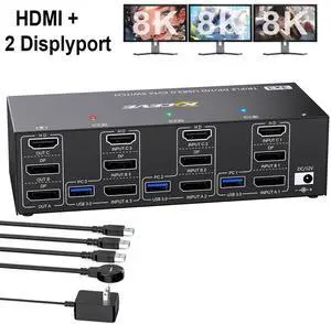 Hitoor KVM Switch 3 Monitors 3 Computers 8K@60Hz 4K@144Hz, Triple Monitor HDMI + 2 DP KVM Switch for 3 PC Sharing 3 Monitors & 4 USB3.0 Devices, With Power Adapter, Wired Remote Control & 3 USB Cables