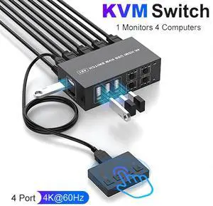 Hitoor USB HDMI KVM Switch 4K@60Hz for 4 Computers Share 1 Monitor, 4 in 1 Out HDMI KVM Switch 4 Port with 4 USB 2.0 Ports Share Keyboard Mouse, with EDID Adaptive,Support Button Switch, Plug and Play