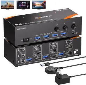 Hitoor 8K@60Hz KVM Switch 3 PCs 3 Monitors, Triple Monitors KVM Switch 4K@144Hz for 3 Computers that Share 3 Monitors and 4 USB 3.0 Devices Includes Power Supply, Wired Remote Control and USB Cables