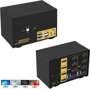 Hitoor 2 Port Displayport USB 3.0 KVM Switch 2 Computers 4 Monitors DisplayPort 1.4 4K@144Hz 8K@30Hz for 2 Computers, PC Screen Keyboard Mouse Peripheral Audio Sharing Selector Box, with All Cables