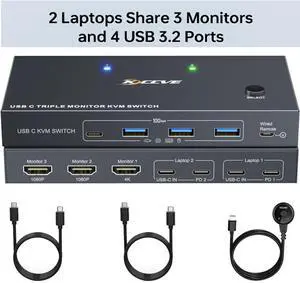 USB C KVM Switch 3 Monitors 2 Laptops 4K 1080P@60Hz,USB-C Docking Station Triple Monitor KVM Switches with 4 USB 3.2 Ports,10Gbps 80W PD Charging,For Windows and Mac OS,Driver Installation is Required