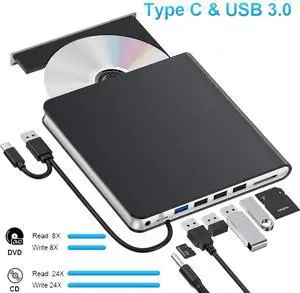 Hitoor External CD DVD Drive, 7-in-1 USB 3.0 & Type-C DVD Drive External with 4 USB Ports & SD/TF, DVD RW Burner External CD Drive for Laptop, Desktop, Mac-Book, Windows 11/10/8/7/XP/Linux/Vista/Mac