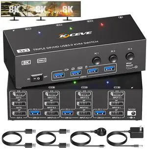 Hitoor HDMI + 2 Displayport KVM Switch 3 Monitors 3 Computers 8K@60Hz 4K@144Hz, Triple Monitor KVM Switches with 4 USB 3.0 Port for USB Devices, Wired Remote, Power Adapter and USB Cables Included