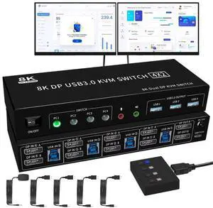 Hitoor 8K@60Hz Ddisplayport USB 3.0 KVM Switch with Audio Output and 3 USB 3.0 Ports, 4x2 Dual Monitor 4K@144Hz Extended Display Displayport KVM Switches 4 In 2 Out for 4 PC Share Keyboard Mouse