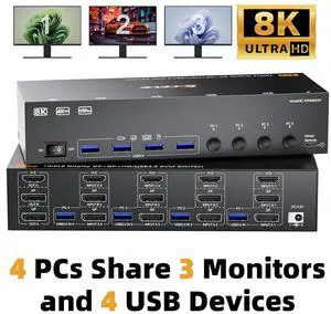 Hitoor 8K@60Hz KVM Switch 3 Monitors 4 Computers, HDMI + 2 Displayport KVM Switch Triple Monitor for 4 Computers Sharing 3 Monitors & 4 USB Devices, with Wired Remote, Power Supply & 4 USB 3.0 Cables
