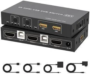 Hitoor HDMI KVM Switch 1 Monitor 2 Computers 4K@60Hz, HDMI USB KVM Switches for 2 Computer Share 1 Monitor 3 USB Ports for Keyboard Mouse, Support Extended & Mirror Mode, with Desktop Controller