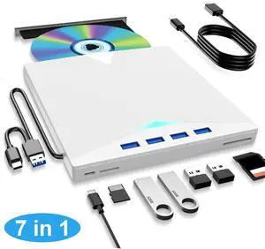 Hitoor [7 in 1] External CD/DVD Drive for Laptop with 4 USB A & SD/TF Slot , Portable DVD Reader Player CD-ROM DVD-R Burner Writer, USB 3.0 External Disk Drive Compatible with Windows Linux MacOS