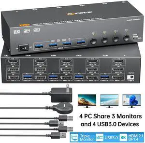 Hitoor KVM Switch 3 Monitors 4 Computers 8K@60Hz 4K@144Hz, HDMI +2 Displayport Triple Monitor KVM Switch with 4 USB Port for Keyboard Mouse, Support Extended/Copy Mode, with Wired Remote & 4 USB Cable