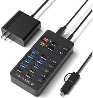 Hitoor Powered USB 3.0 Hub, 14 Ports Powered USB 3.0 Splitter Hub with 4 Smart Charging Ports, 10 USB A Ports, Individual On/Off Switches, 12V-24V Power Adapter, USB 3.0 5Gbps High Speed Transfer, USB