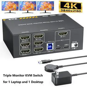 Hitoor HDMI KVM Switch 3 Monitors for 1 Laptop and 1 Desktop PC 4K@60Hz, USB C HDMI Triple Monitor HDMI KVM Switch, Docking Station KVM Switches with 4 USB 3.0 Port, 87W PD Charging, with Wired Remote