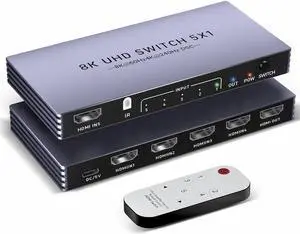 Hitoor 8K HDMI Splitter 4K 240Hz HDMI Switch 5 in 1 Out - 5 Port HDMI Switcher with Remote 8K@60Hz 4K@240Hz HDR10+ HDMI2.1 3D CEC HDR HDCP2.3, for PS5/4/3 Xbox DVD Player Nintendo Roku PC Fire Stick