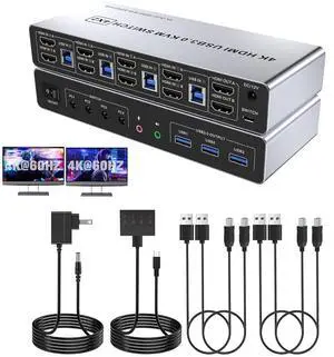 Hitoor USB 3.0 HDMI KVM Switch for 4 Computers and 2 Monitors, 4 Ports HDMI Dual Monitor KVM Switch, 4K@60Hz Support with EDID, Audio & Microphone Output, and 3 USB 3.0 Ports, With Desktop Controller