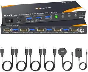 Hitoor 4 Ports 8K HDMI KVM Switch 1 Monitor 4 Computers 8K@60Hz, 4K@144Hz USB 3.0 HDMI KVM Switch 4 in 1 Out  for 4 Computer Share One Monitor and Keyboard Mouse, with Power Adapter and Wired Remote