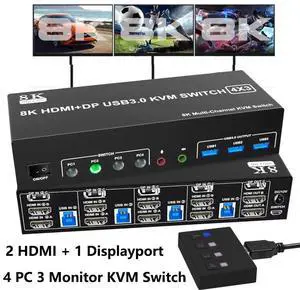 Hitoor KVM Switch 3 Monitors 4 Computers 8K@60Hz 4K@144Hz, 2 HDMI + 1 Displayport Triple Monitor KVM Switch for 4 Pcs Share 3 Monitors and 3 USB 3.0 Port Keyboard Mouse, with Audio & Microphone output
