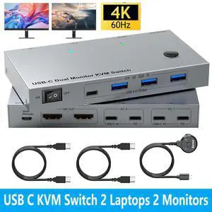 Hitoor USB C KVM Switch 4K@60Hz, Dual Monitor Docking KVM Switch for 2 Laptops Sharing 2 Monitors and 4 USB 3.0 Devices, with 100W PD, Wired Remote Control and USB C Cables
