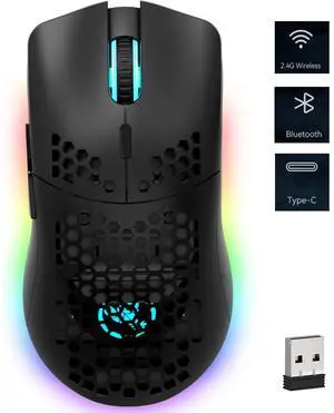 Hitoor Wireless Gaming Mouse, Tri-Mode Wireless Mouse, Superlight Honeycomb Design PAW3212 3600DPI Sensor 1000Hz Polling Rate Bluetooth/2.4Ghz/Wired Ergonomic PC Mice RGB Light Programmable Buttons