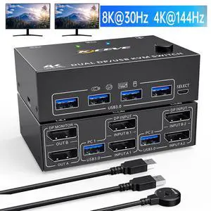 Hitoor 8K@30Hz 2 Port DP KVM Switch 2 Monitors 2 Computers, 4K@144Hz Dual Monitor DisplayPort KVM Switch with 4 USB 3.0 Ports, Support Extended & Mirror Mode, with USB 3.0 Cable & Wired Remote Control