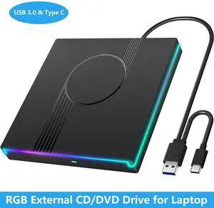 Hitoor RGB External CD/DVD Drive for Laptop, External DVD Drive USB 3.0 Type-C Portable DVD Player, CD Burner +/-RW Optical Drive, Slim CD ROM External Optical Drive for Laptop Desktop PC Windows Mac