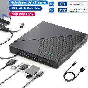 Hitoor 7 in 1 External CD DVD Drive for Laptop with 3 USB Ports & TF/SD Card Slots, USB 3.0 & USB-C CD DVD Optical Disc Reader Burner Player for MacBook Pro Laptop PC Windows 11/10/8/7 Linux Mac OS